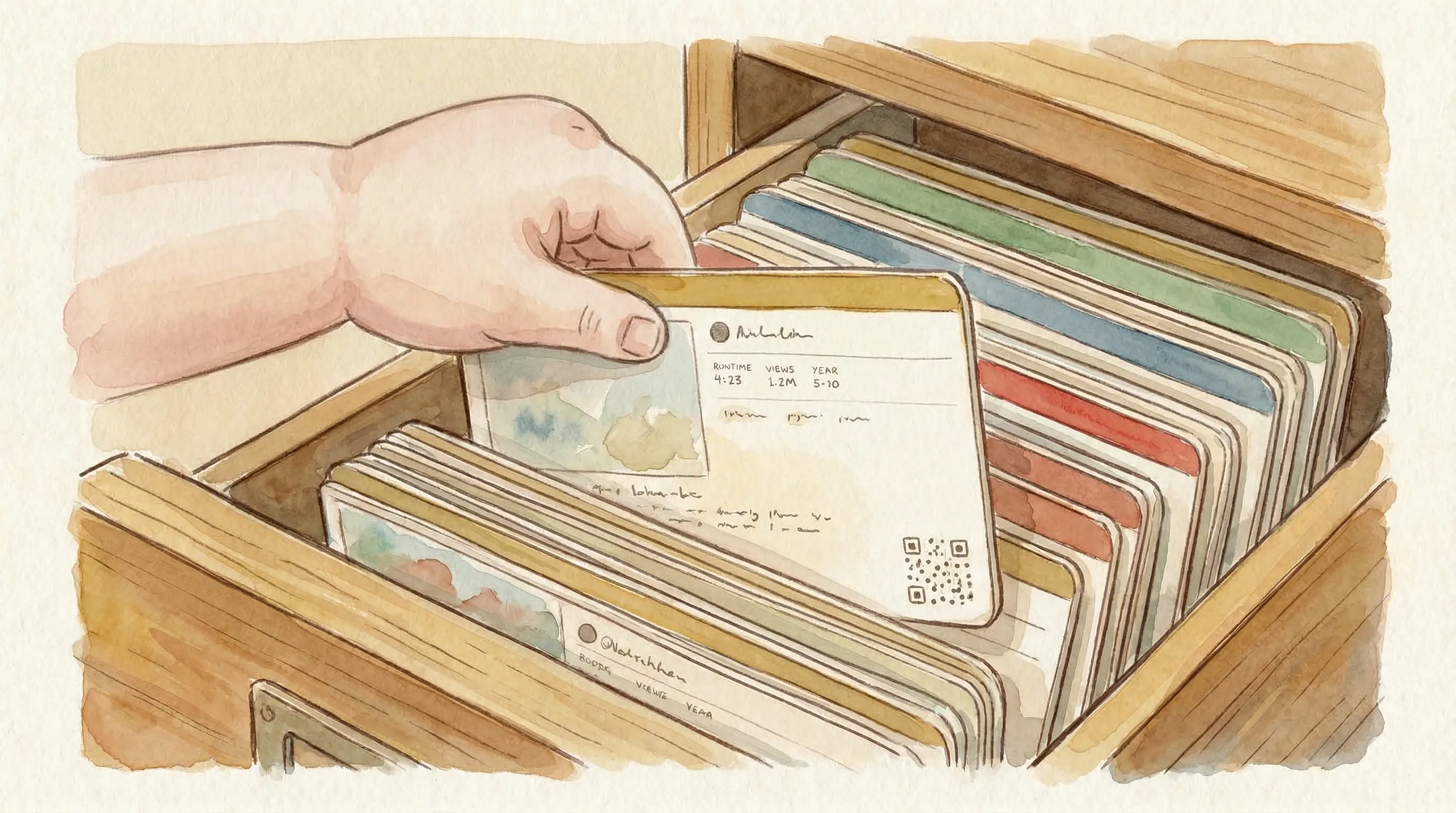 A child's hand reaching into a wooden drawer filled with Dewey cards